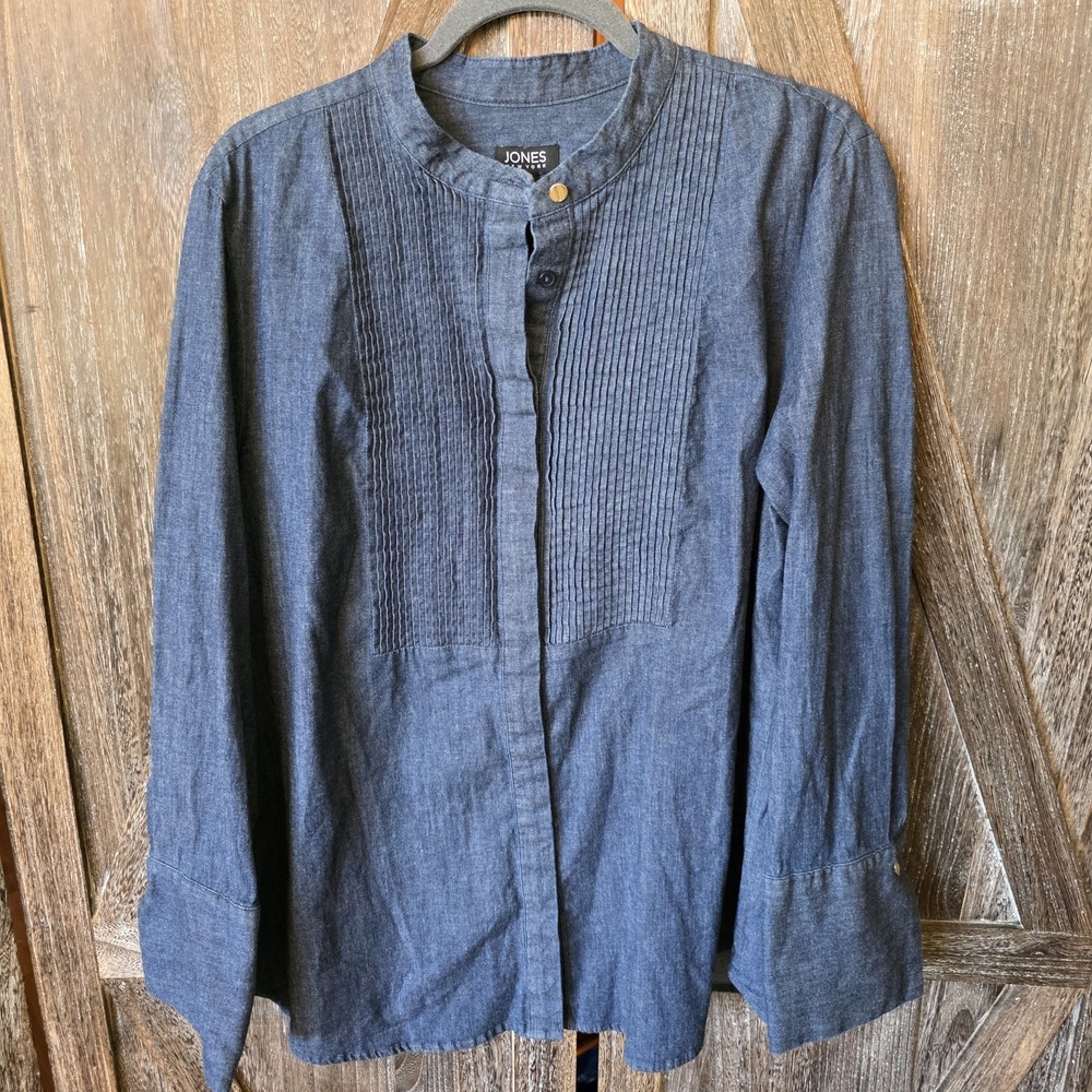 Jones New York Shirt Women's Size XL Dark Denim Tunic Button Up Pleated Stretch‎